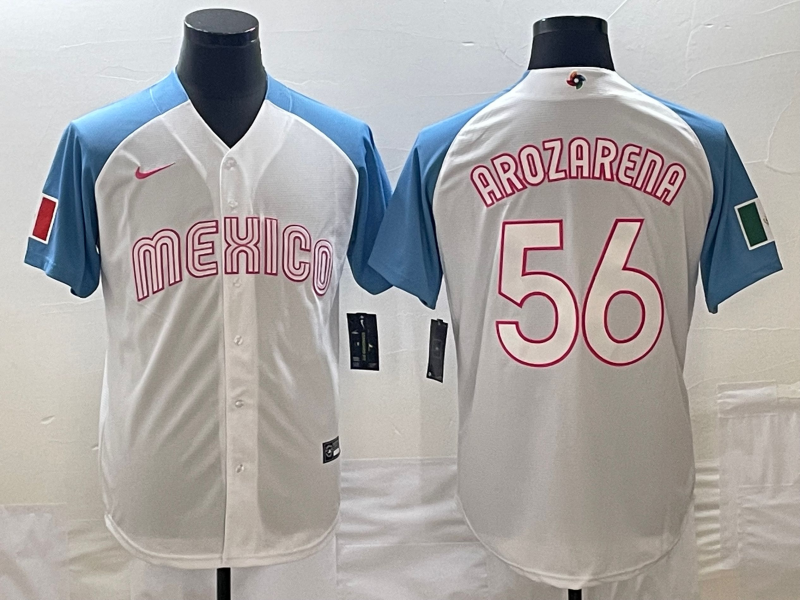 Men's Mexico Baseball #56 Randy Arozarena 2023 White Blue World Baseball Classic Stitched Jersey Men's Mexico Baseball #56 Randy Arozarena 2023 White Blue World Baseball Classic Stitched Jersey